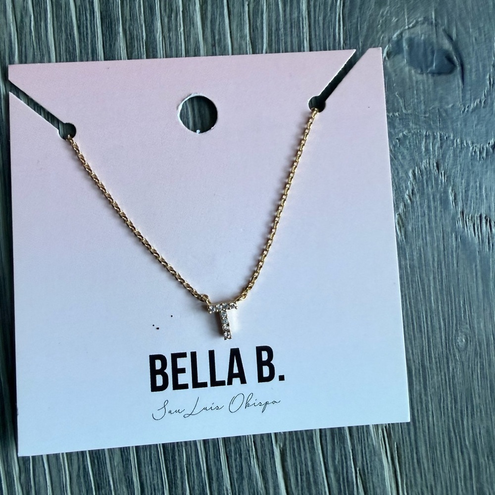 Rhinestone Gold Initial Charm Necklace "T"
